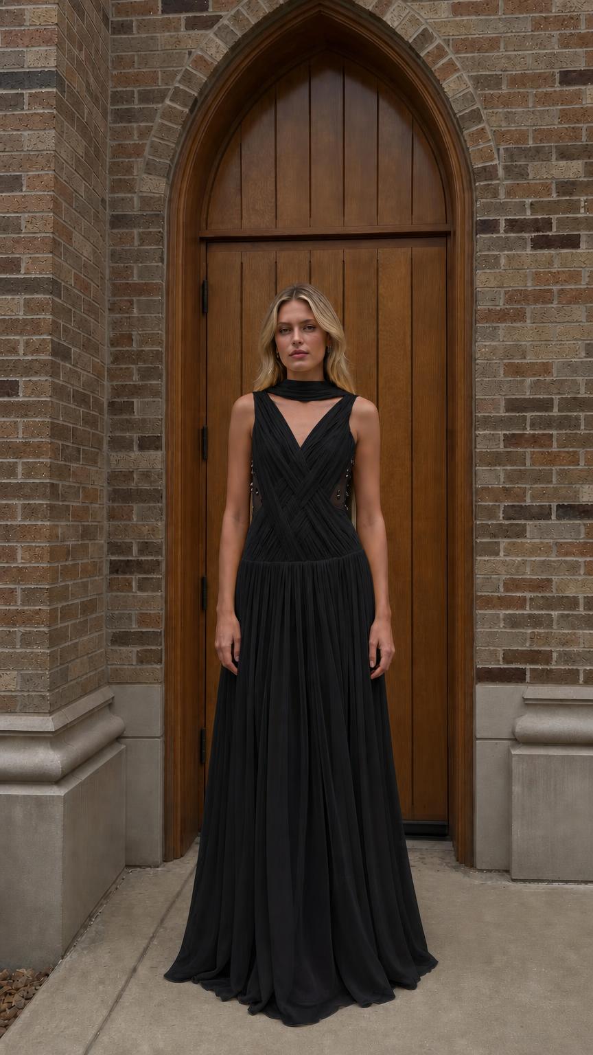 Front view of black evening gown