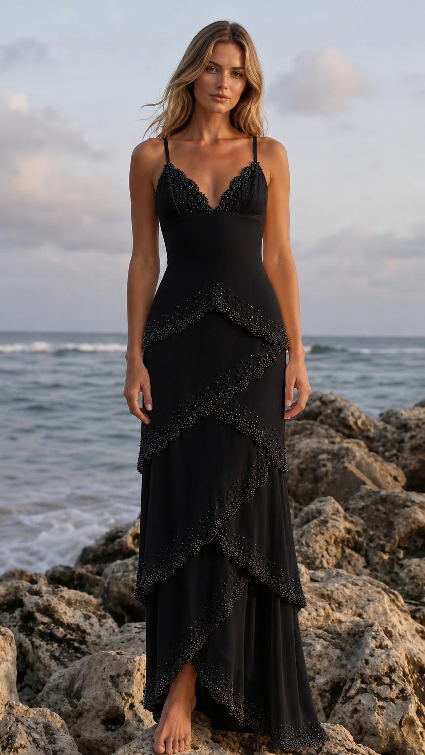 Front view of woman wearing black embellished tiered maxi slip dress