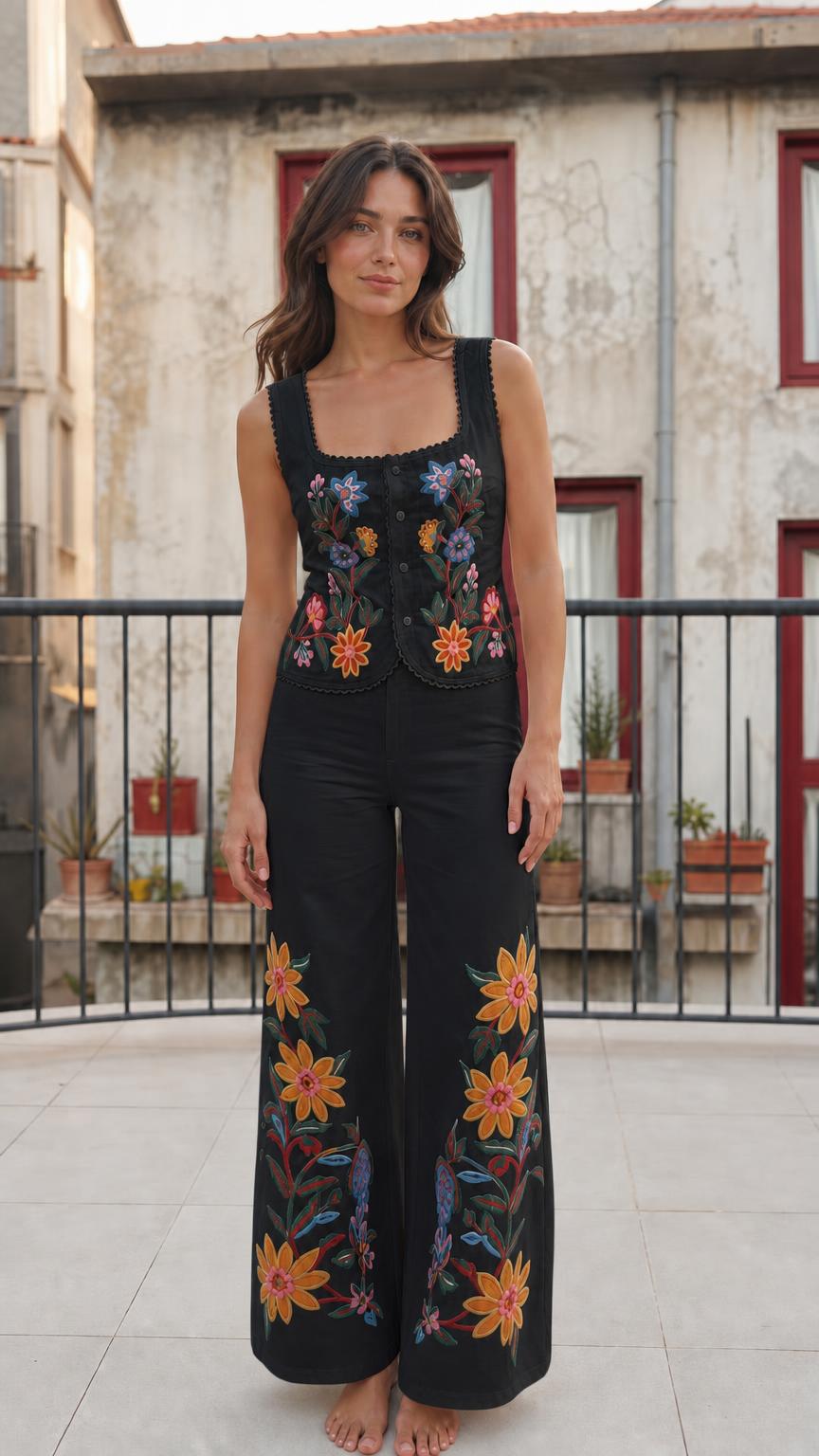 Front view of black color variant of the floral embroidered vest and pants set