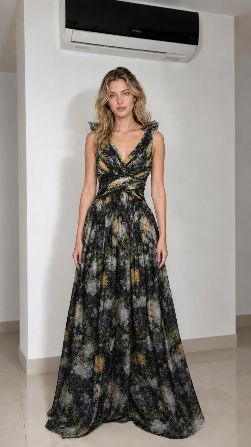 Model wearing black floral print evening maxi dress