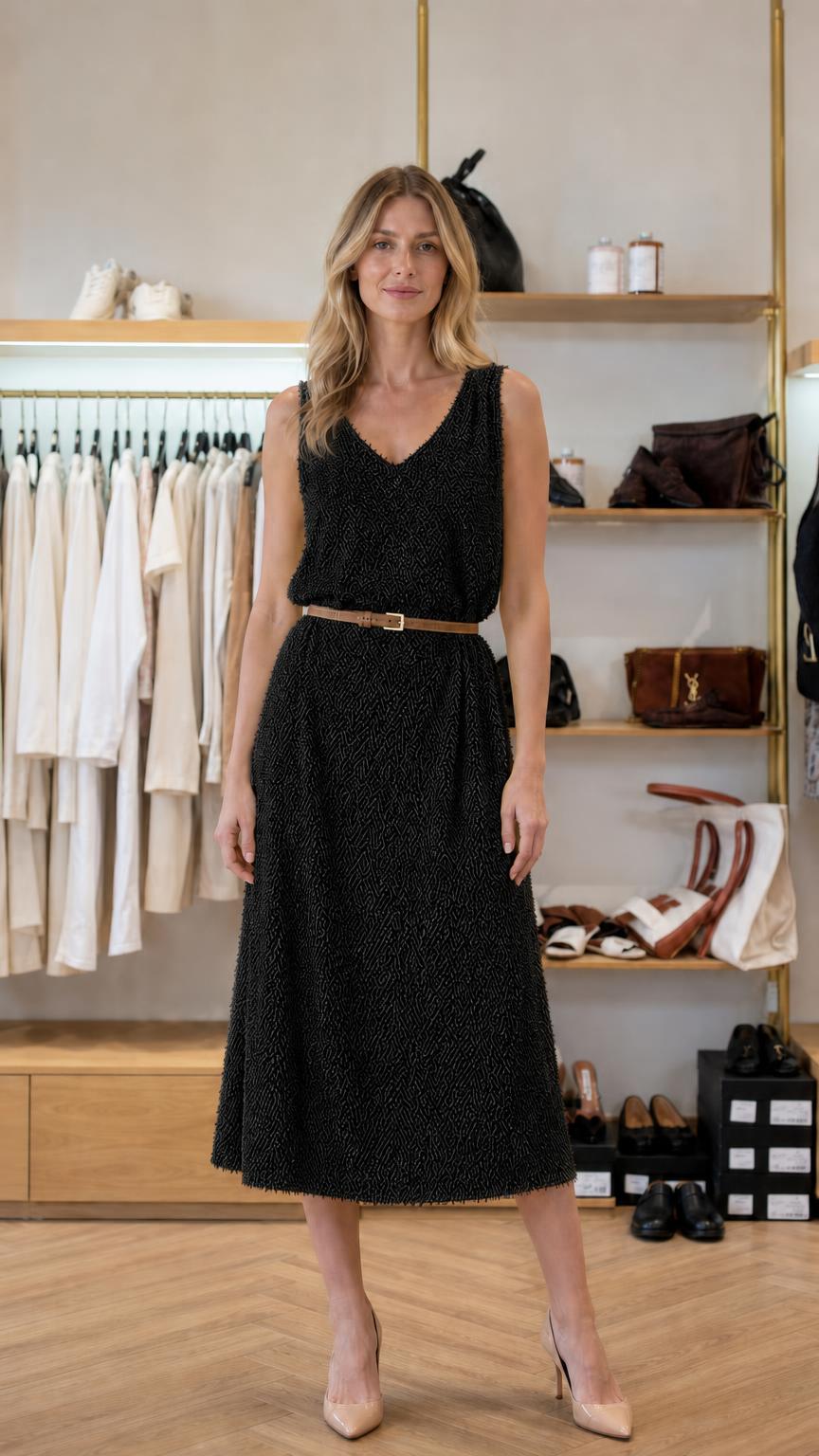Front view of woman in black textured midi dress