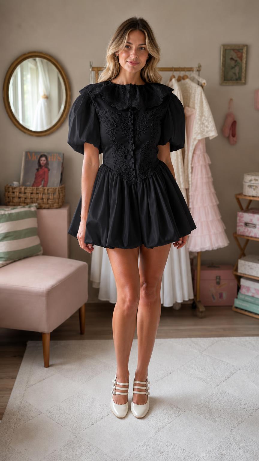 Model wearing black lace ruffle mini dress