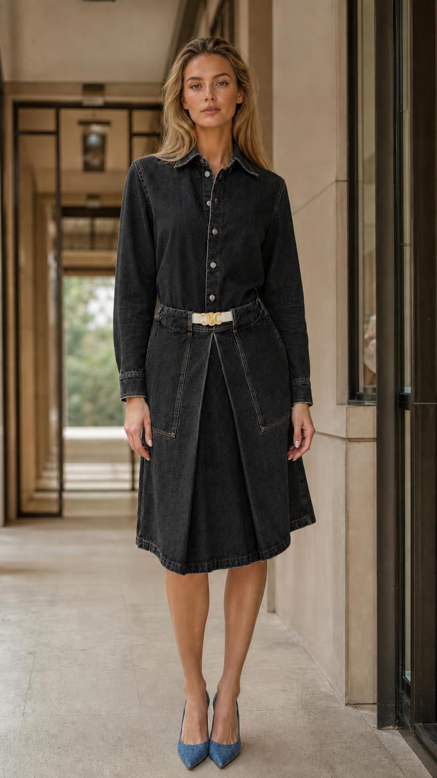Front view of black denim shirt dress on model