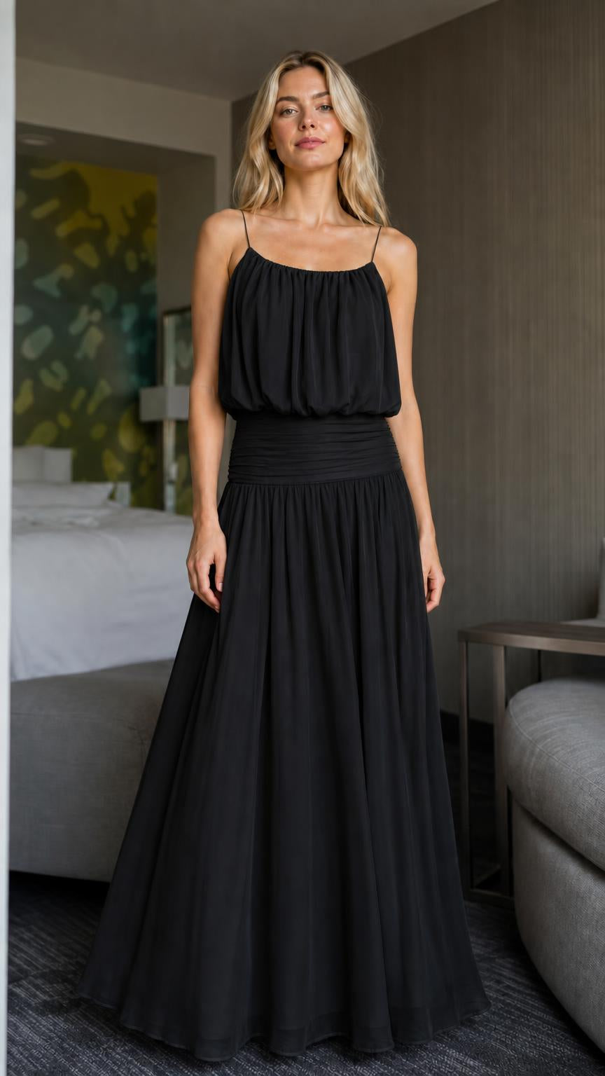 Front view of black evening maxi dress