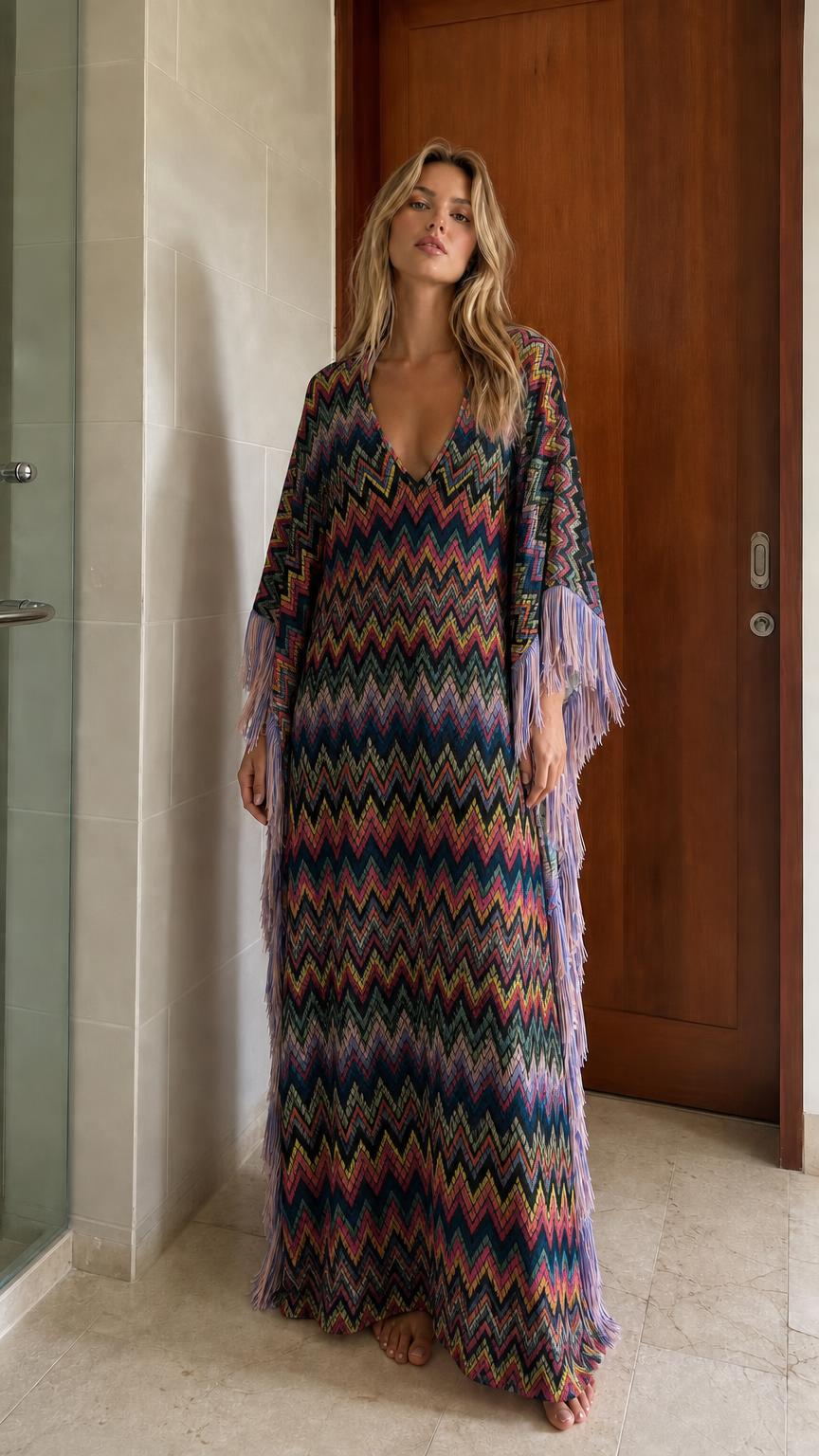Model wearing black-based chevron fringe maxi kaftan dress