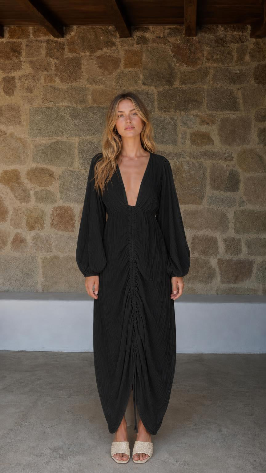 Front view of Black V-Neck Ruched Long Sleeve Maxi Dress