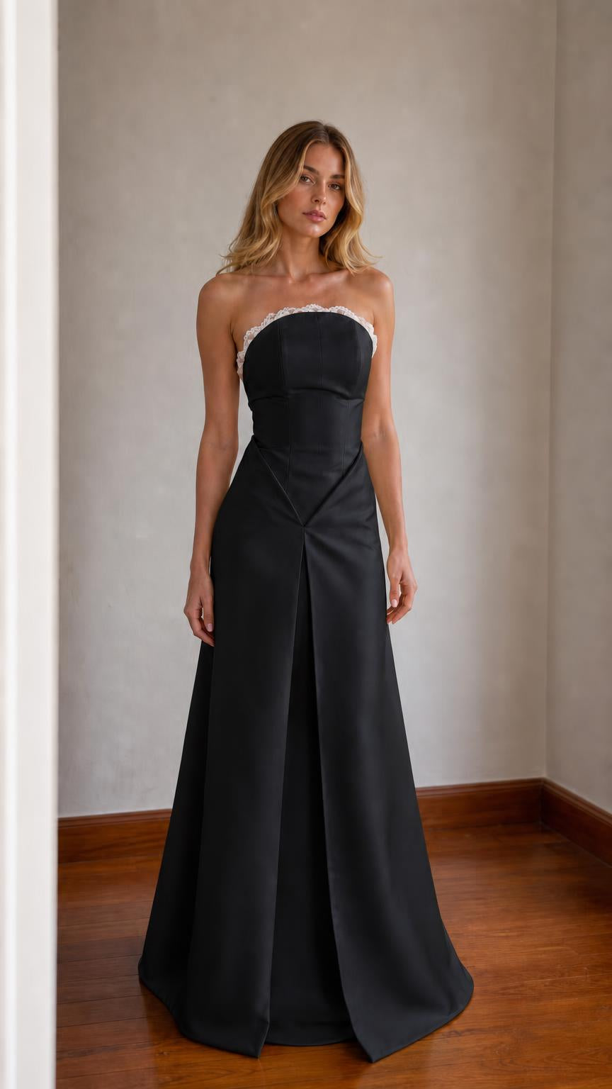 Elegance Strapless Lace Trim Satin Maxi Dress in black