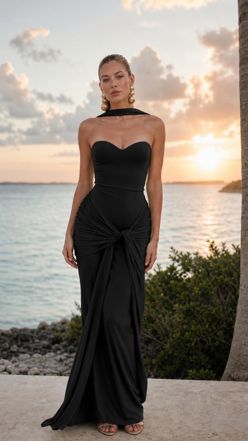 Front view of black strapless maxi dress