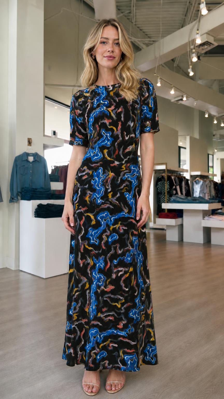 Front view of model wearing black abstract print maxi dress
