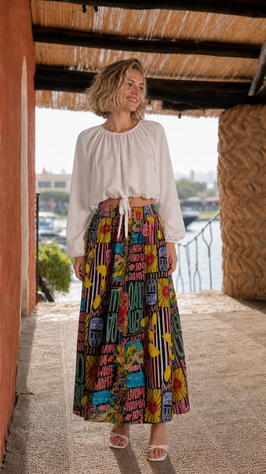 Model wearing white crop top and black multi printed maxi skirt