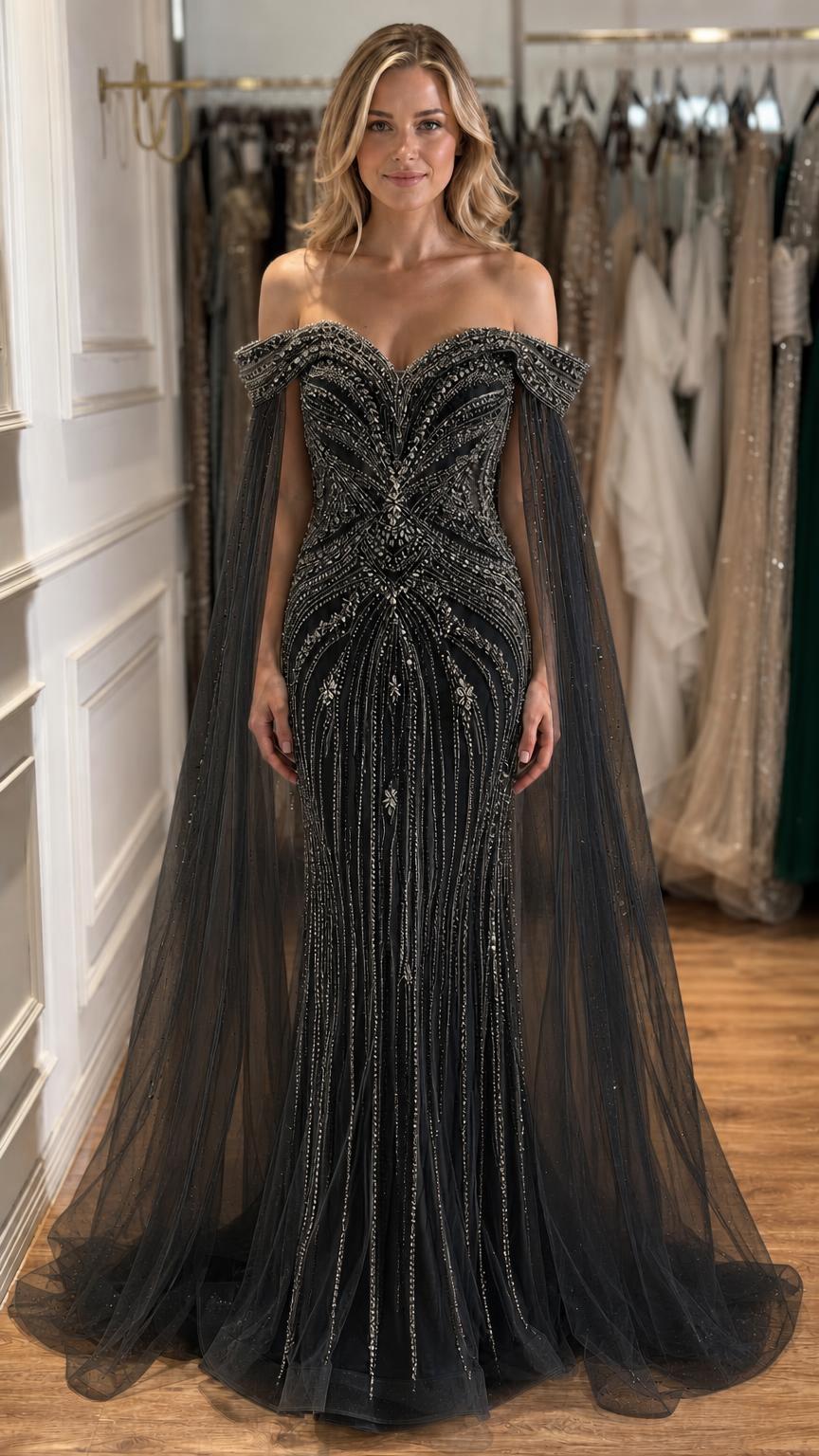 Black beaded mermaid evening gown with cape