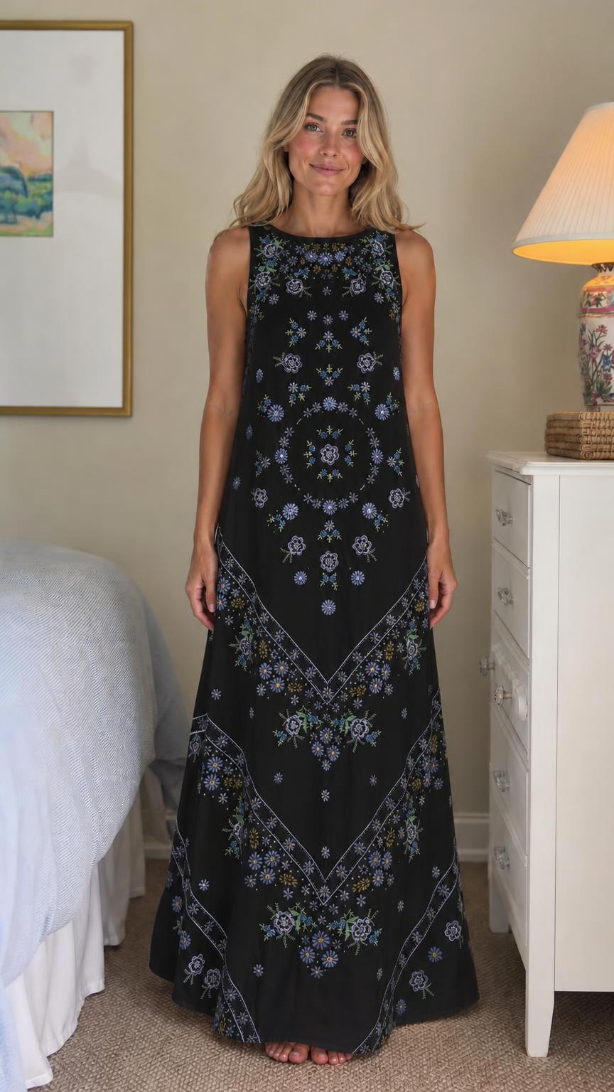 Front view of black floral embroidered maxi dress