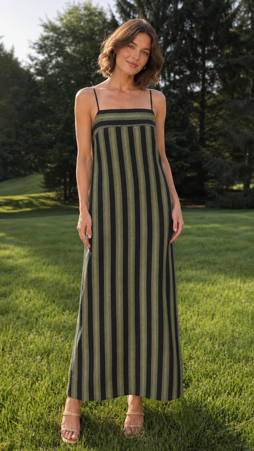 Woman wearing green striped maxi dress