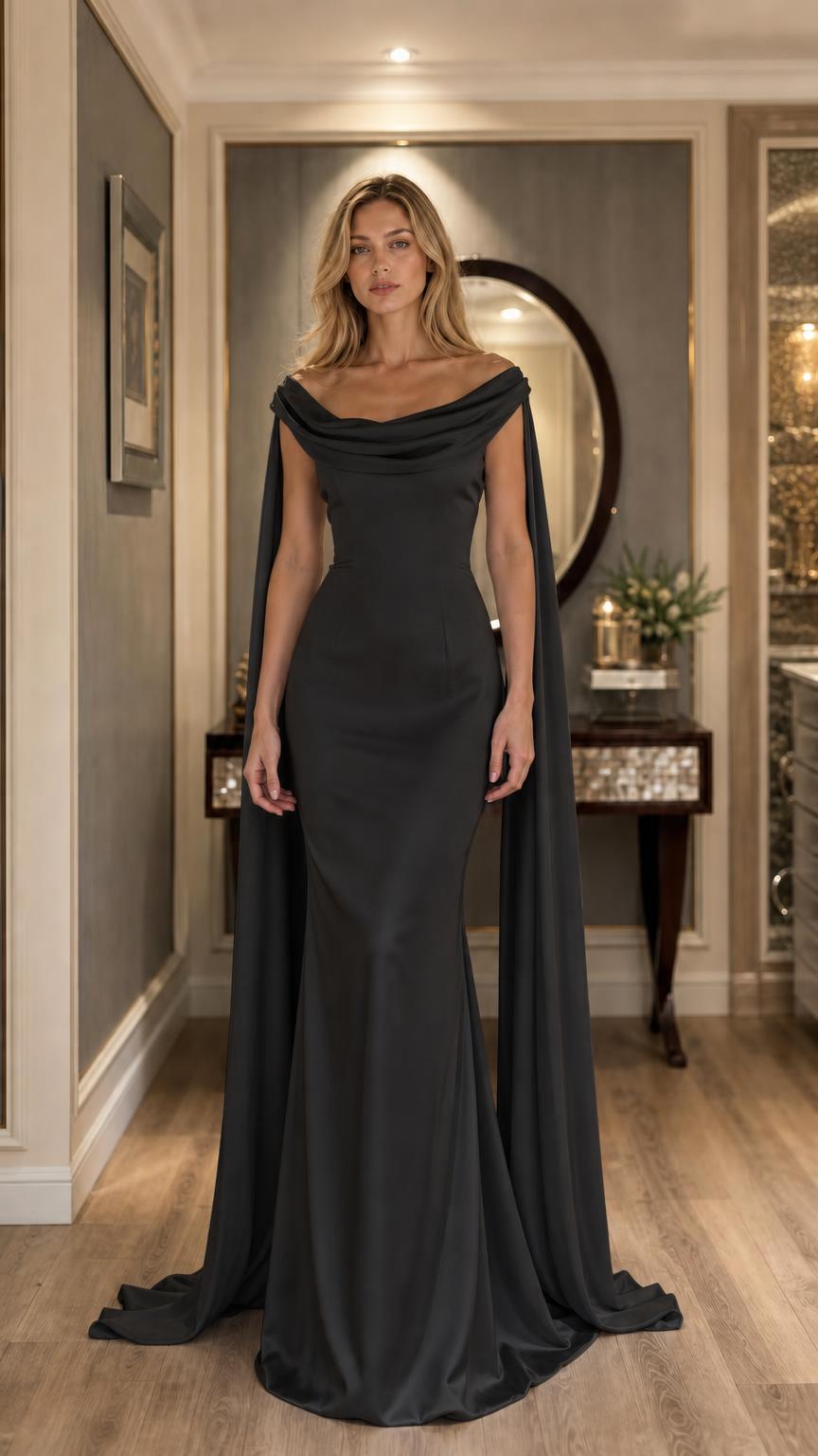 Black evening dress with flowing cape on model