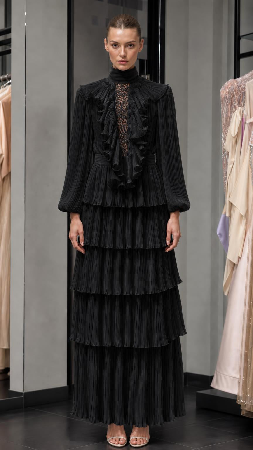 Front view of black pleated high-neck maxi dress with ruffles