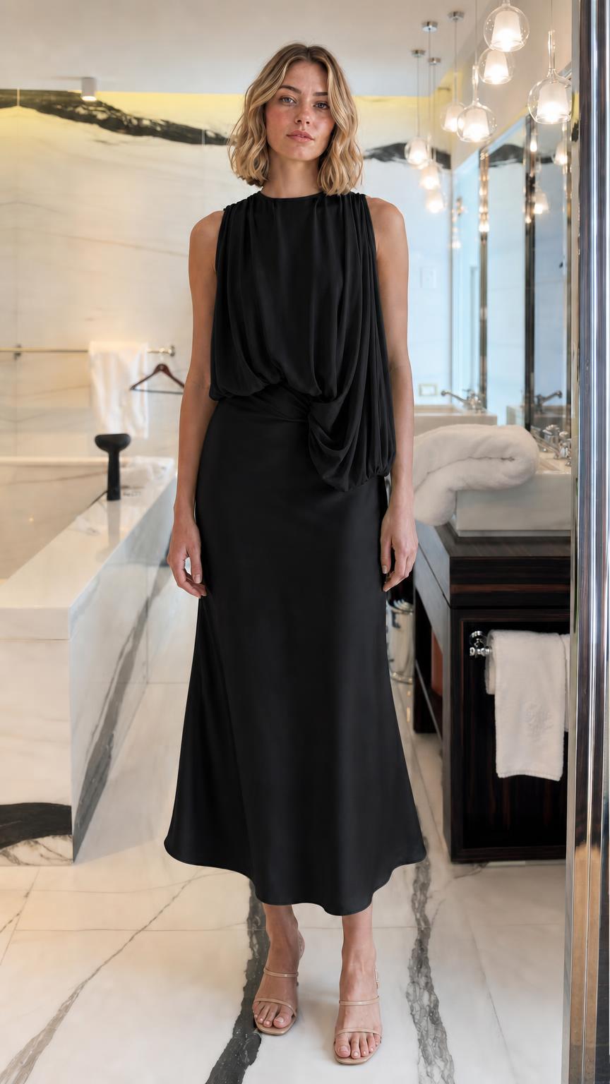 Front view of woman wearing Black draped midi dress
