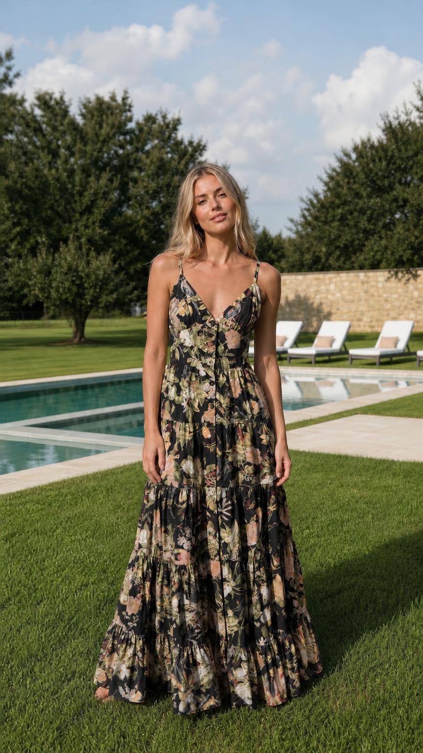 Model wearing black floral print maxi dress