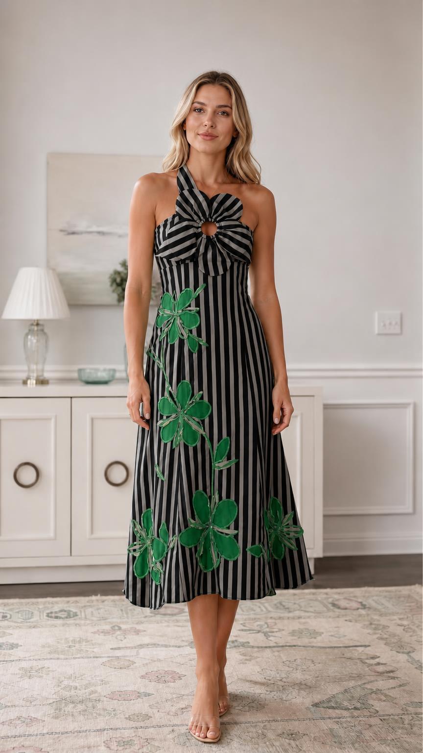 Front view of black striped halter midi dress