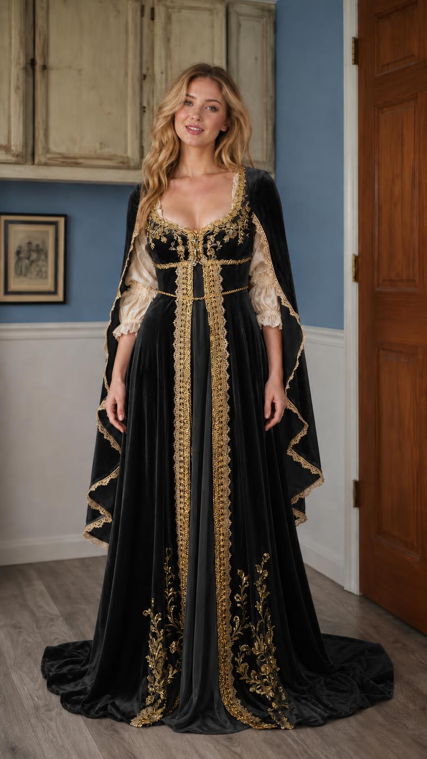 Black Renaissance velvet gown with gold trim
