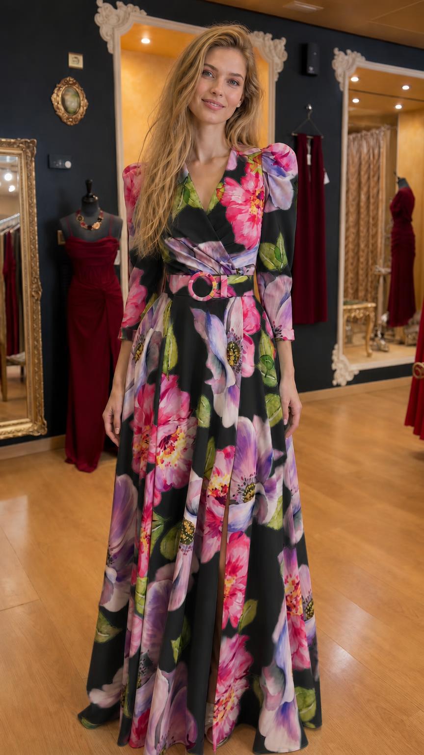 Front view of black floral maxi dress