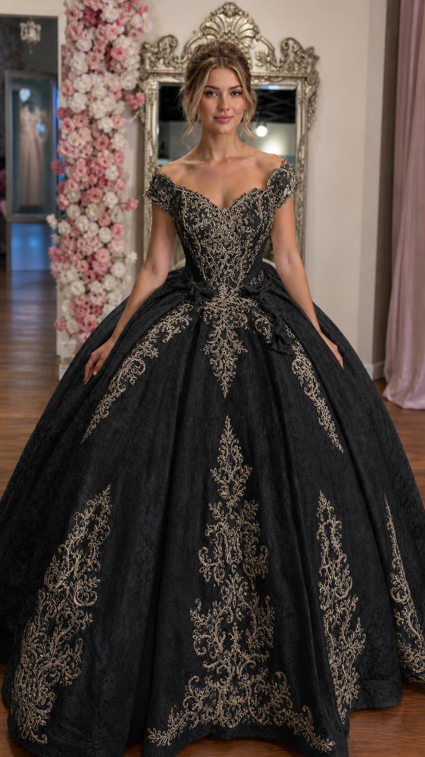 Front view of black ballgown with gold embroidery