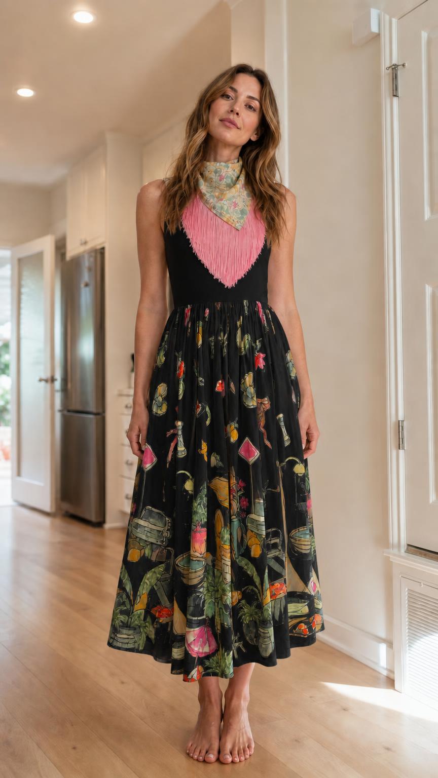 Front view of black color variant of the floral midi dress