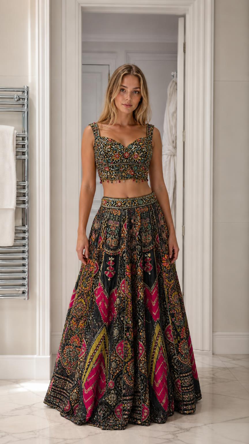 Woman wearing black and multi-color embroidered lehenga set