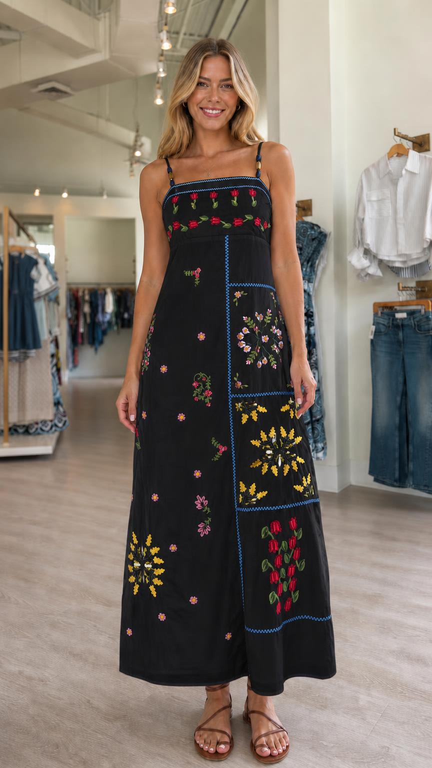 Front view of the black floral embroidered maxi dress
