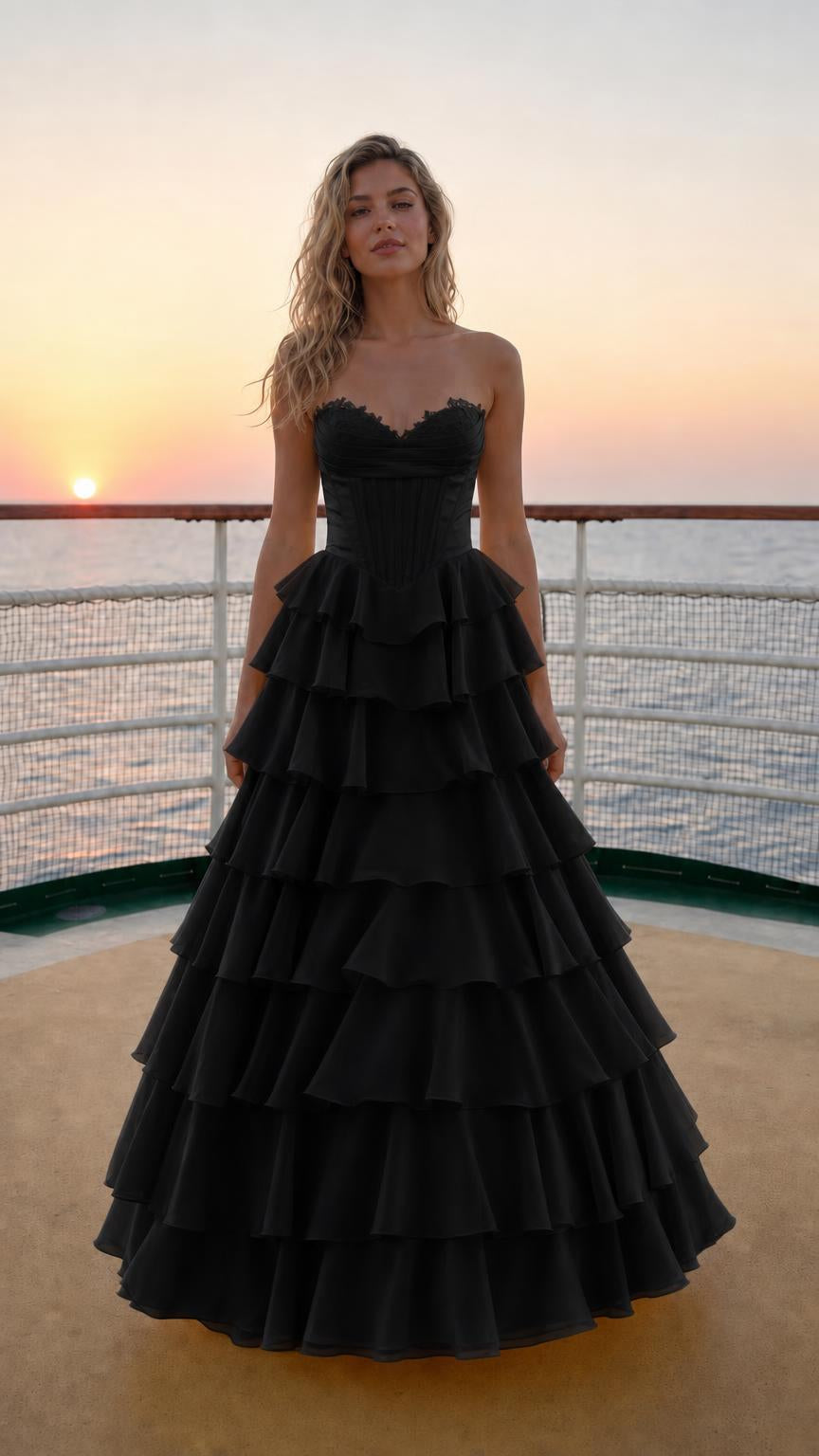 Model wearing black sweetheart corset tiered ruffle long evening gown