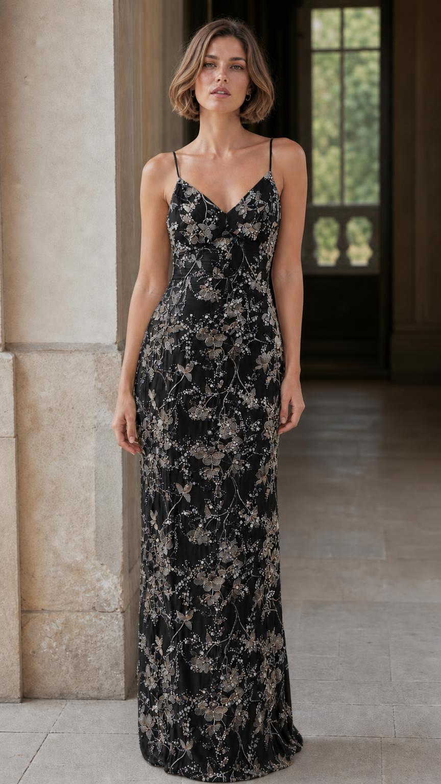 Elegance Sequin Embroidered Slip Maxi Dress in Black