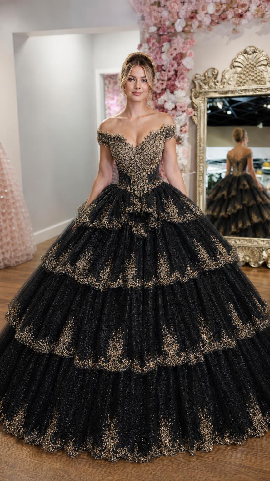 Front view of black ball gown variant