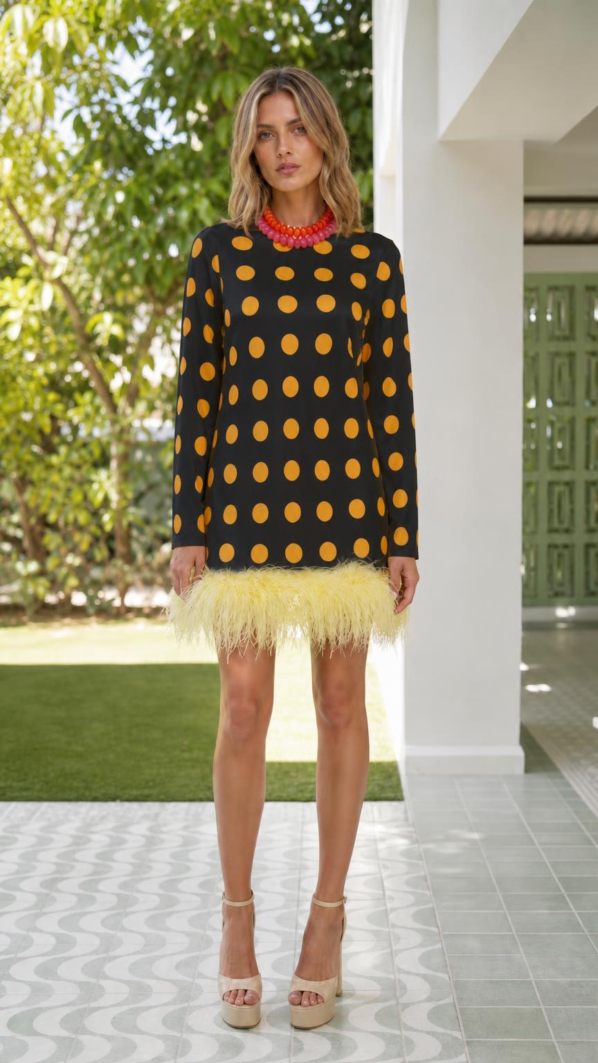 Black polka dot mini dress with feather hem