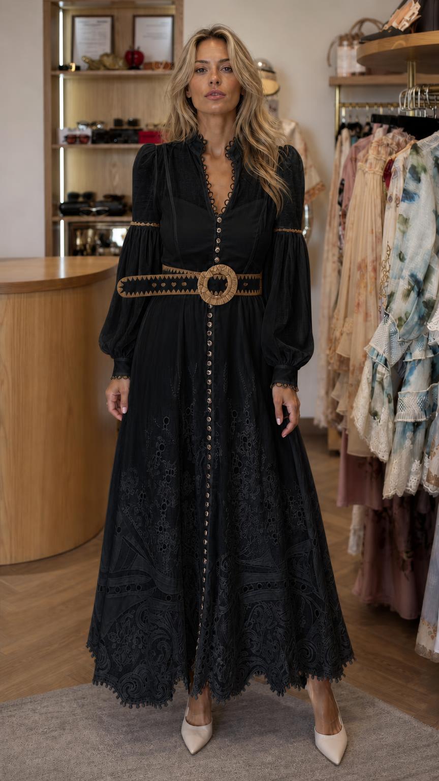 Front view of model wearing black long sleeve maxi dress