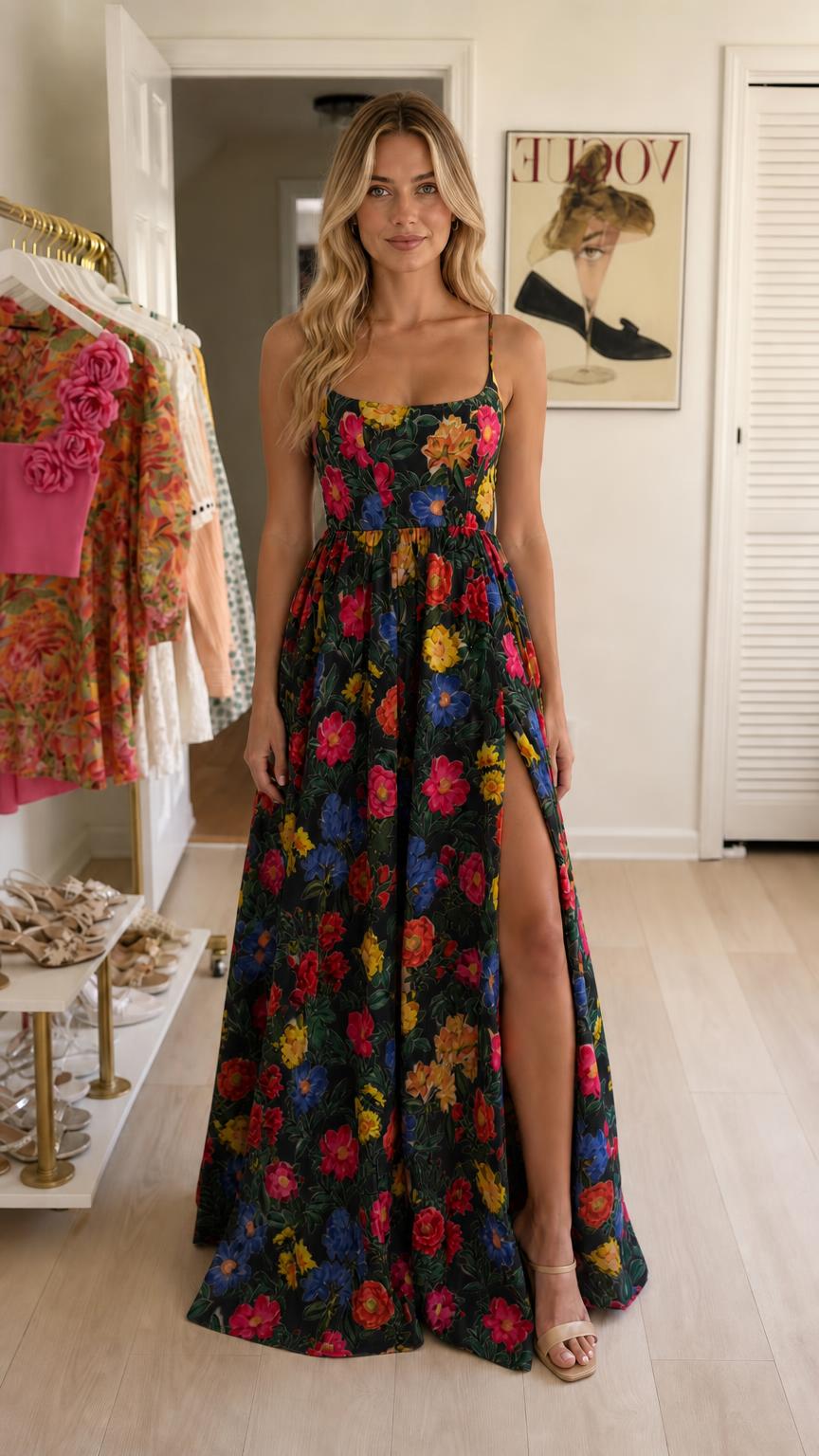 Woman wearing black floral maxi dress