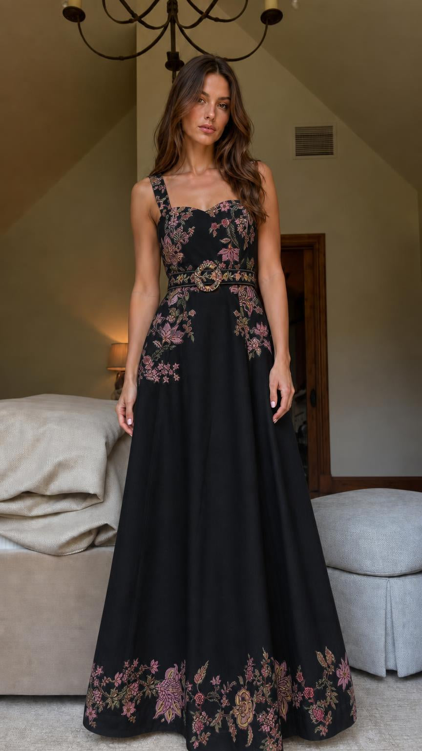 Black color variant of floral embroidered maxi dress