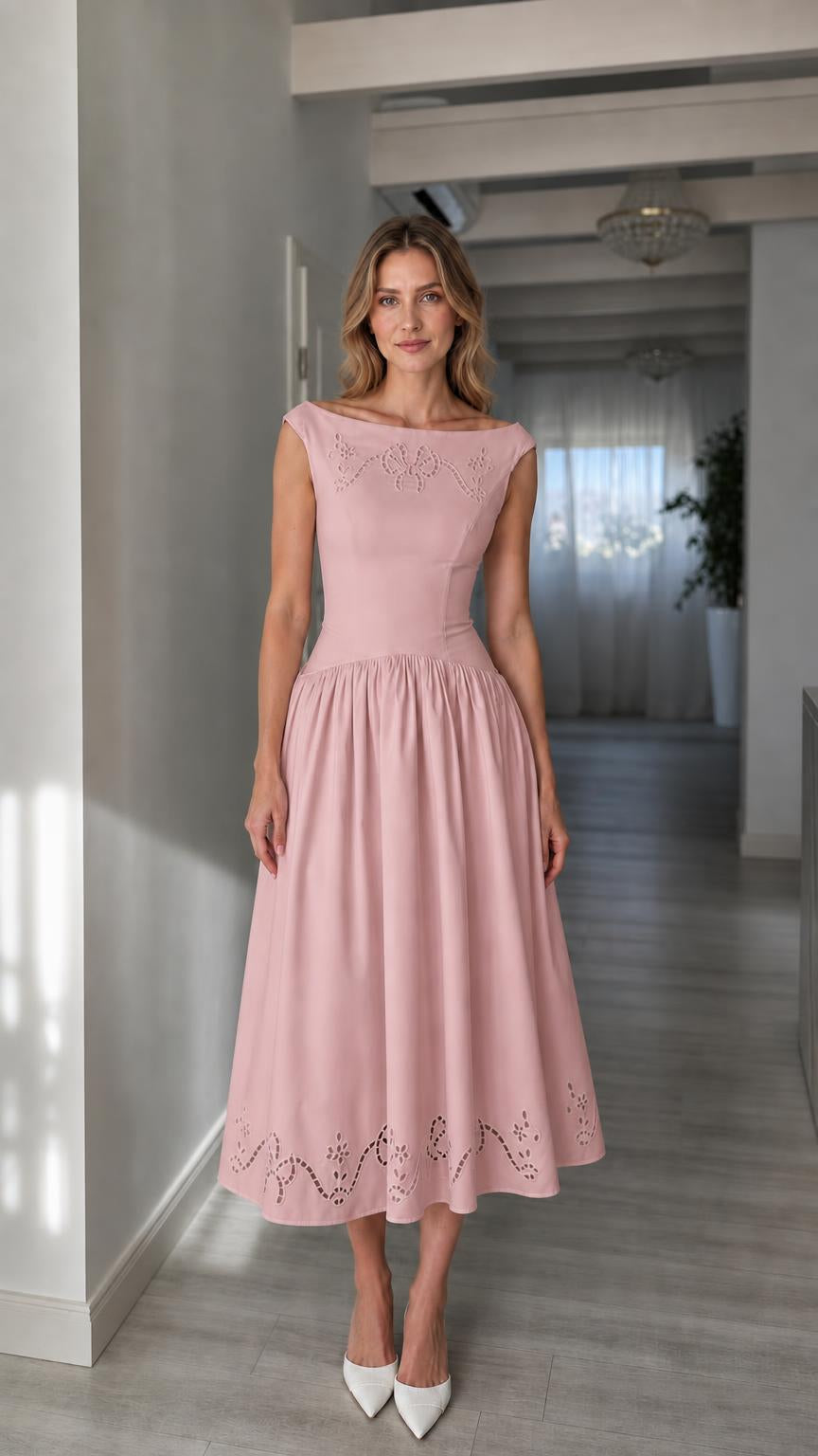 Full view of woman wearing pink boatneck midi dress