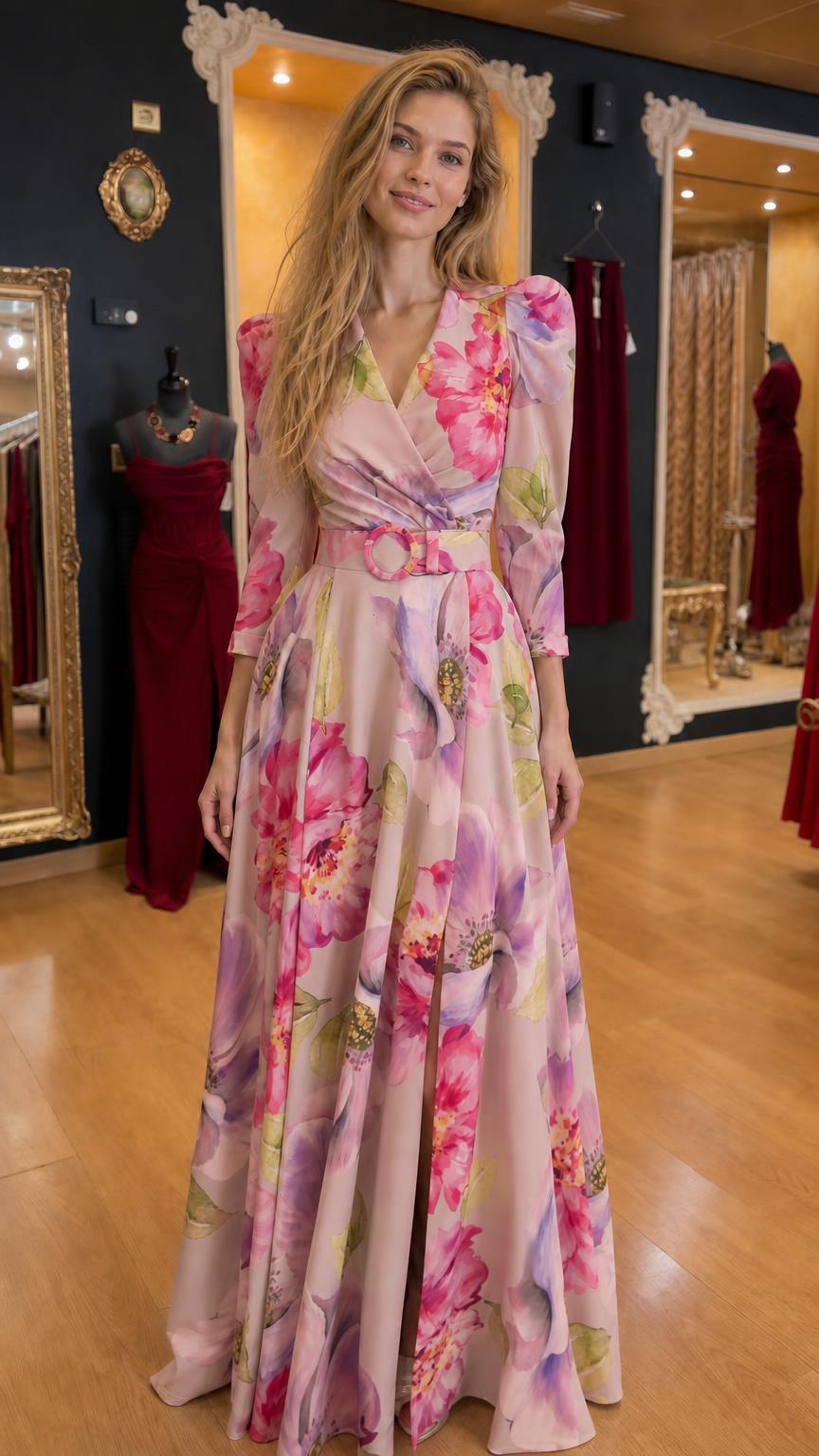 Front view of blush floral maxi dress
