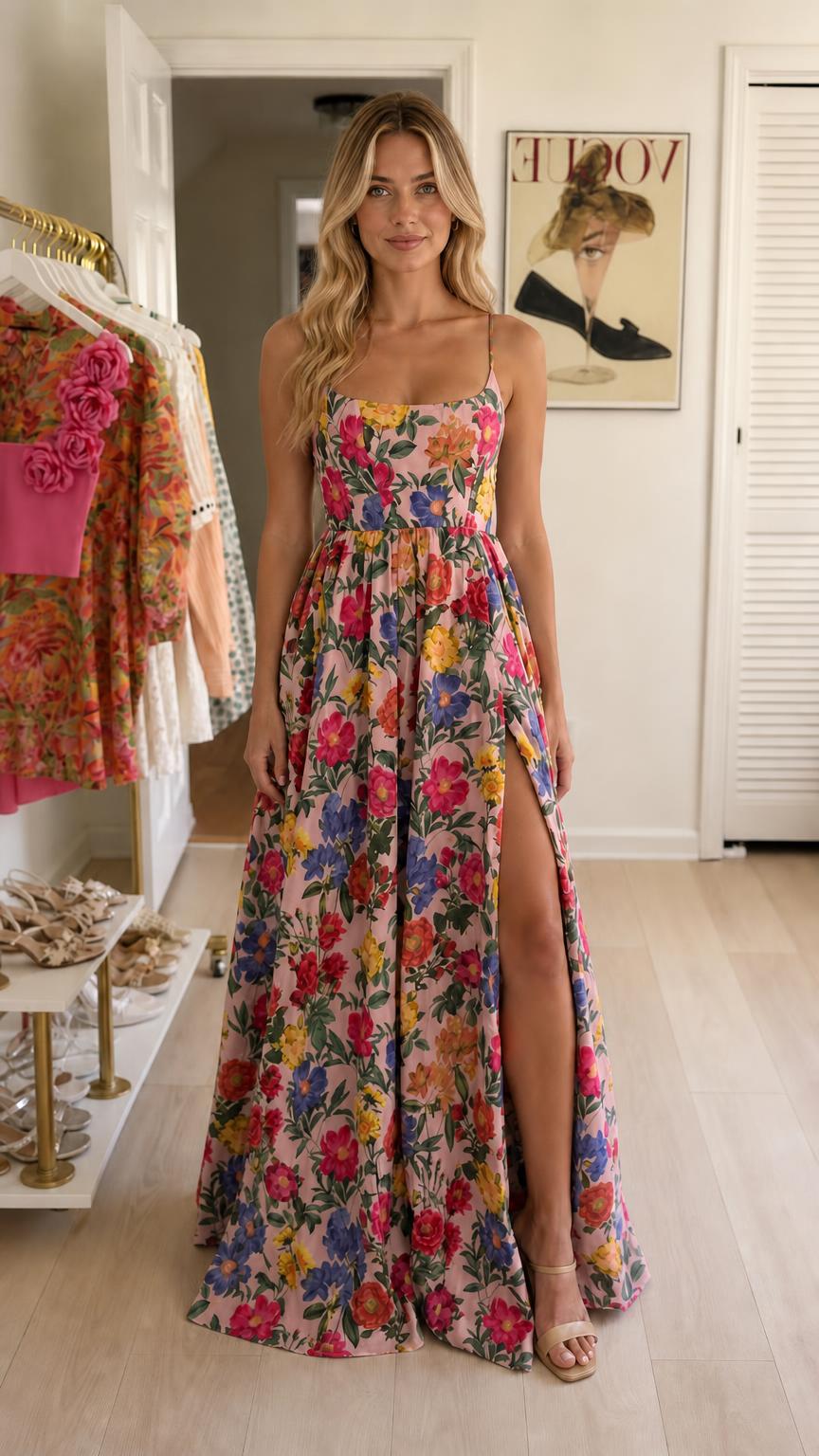 Woman wearing pink floral maxi dress