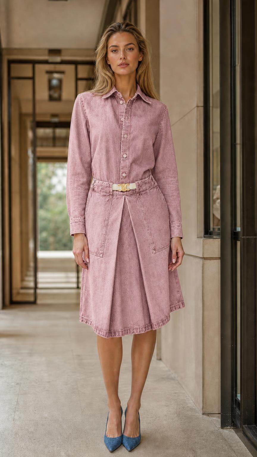 Front view of pink denim shirt dress on model