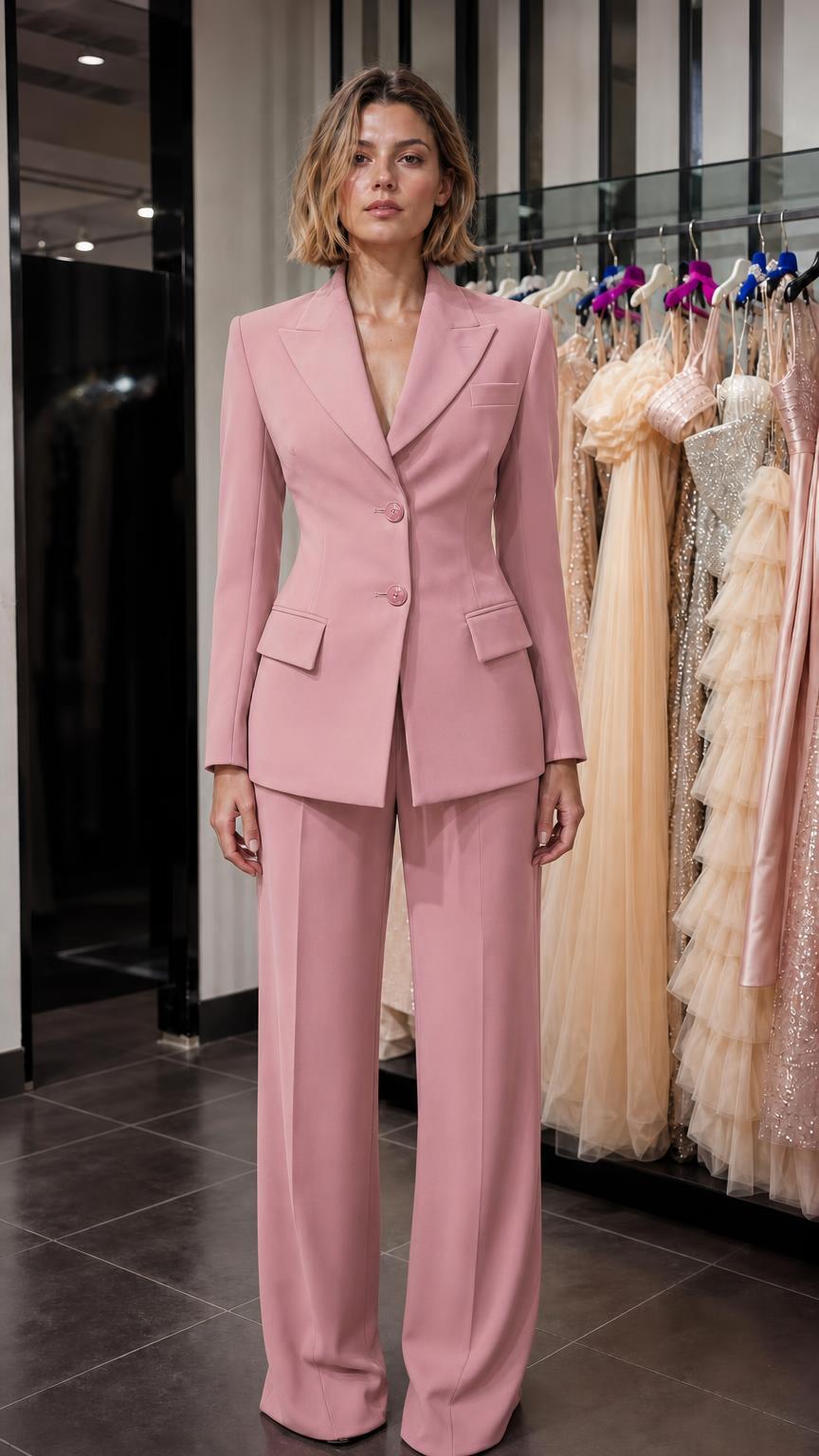 Front view of woman wearing pink tailored suit set