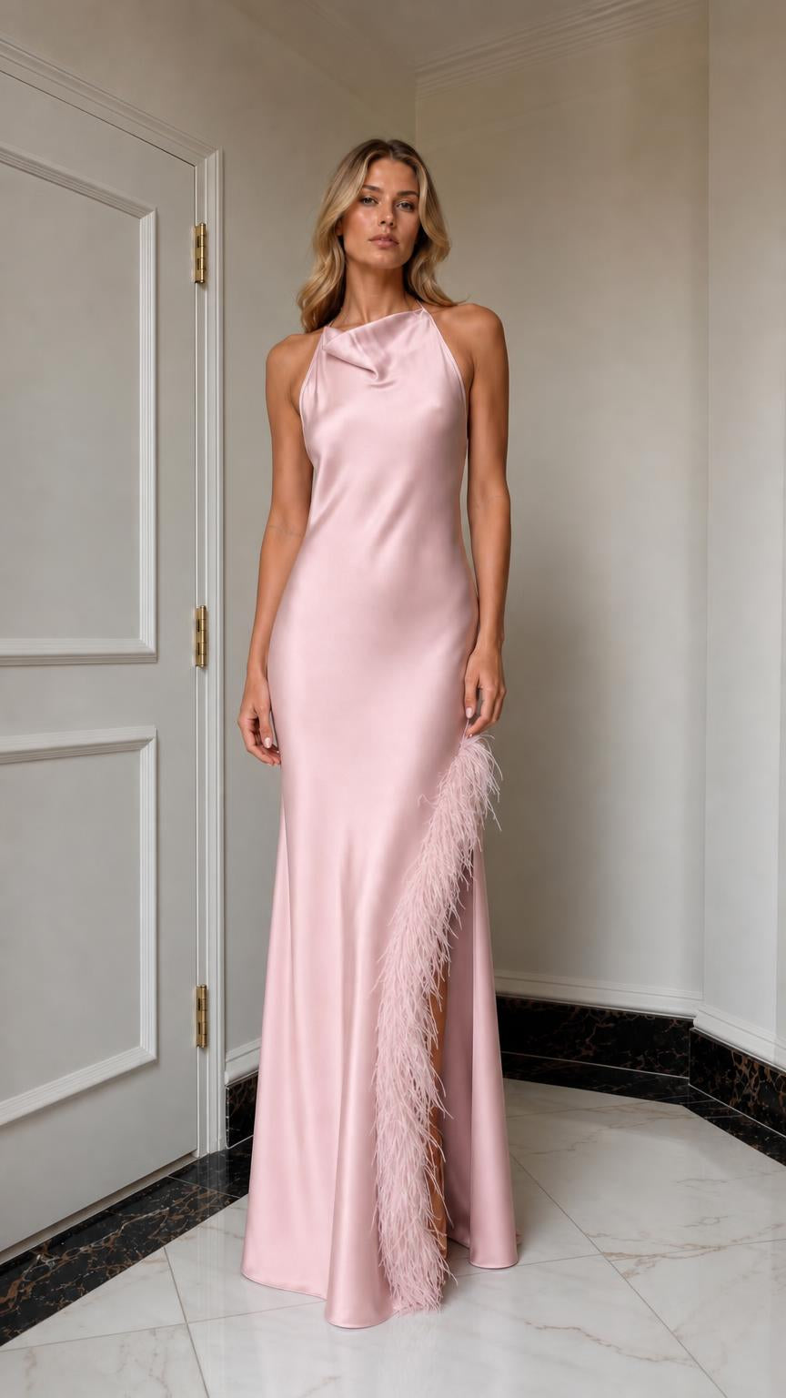 Pink satin halter maxi dress with feather trim