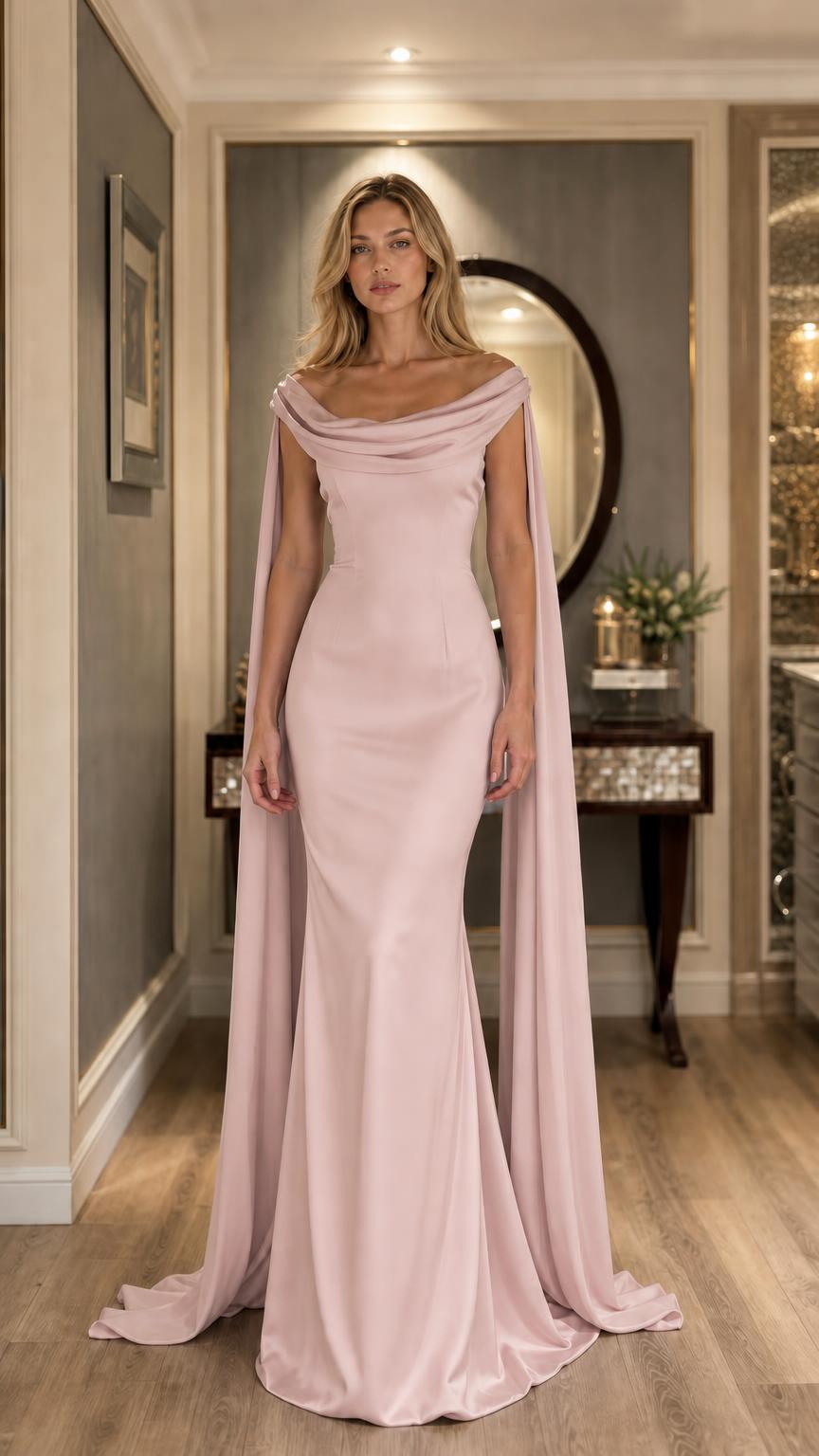 Blush pink evening dress with flowing cape on model