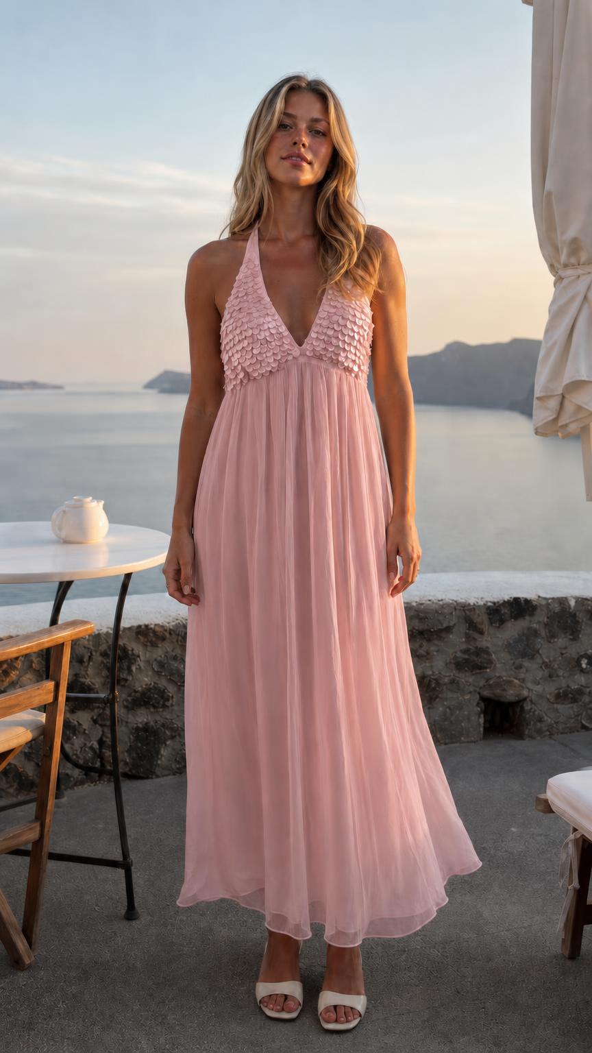 Front view of woman wearing pink sequin halter neck maxi dress