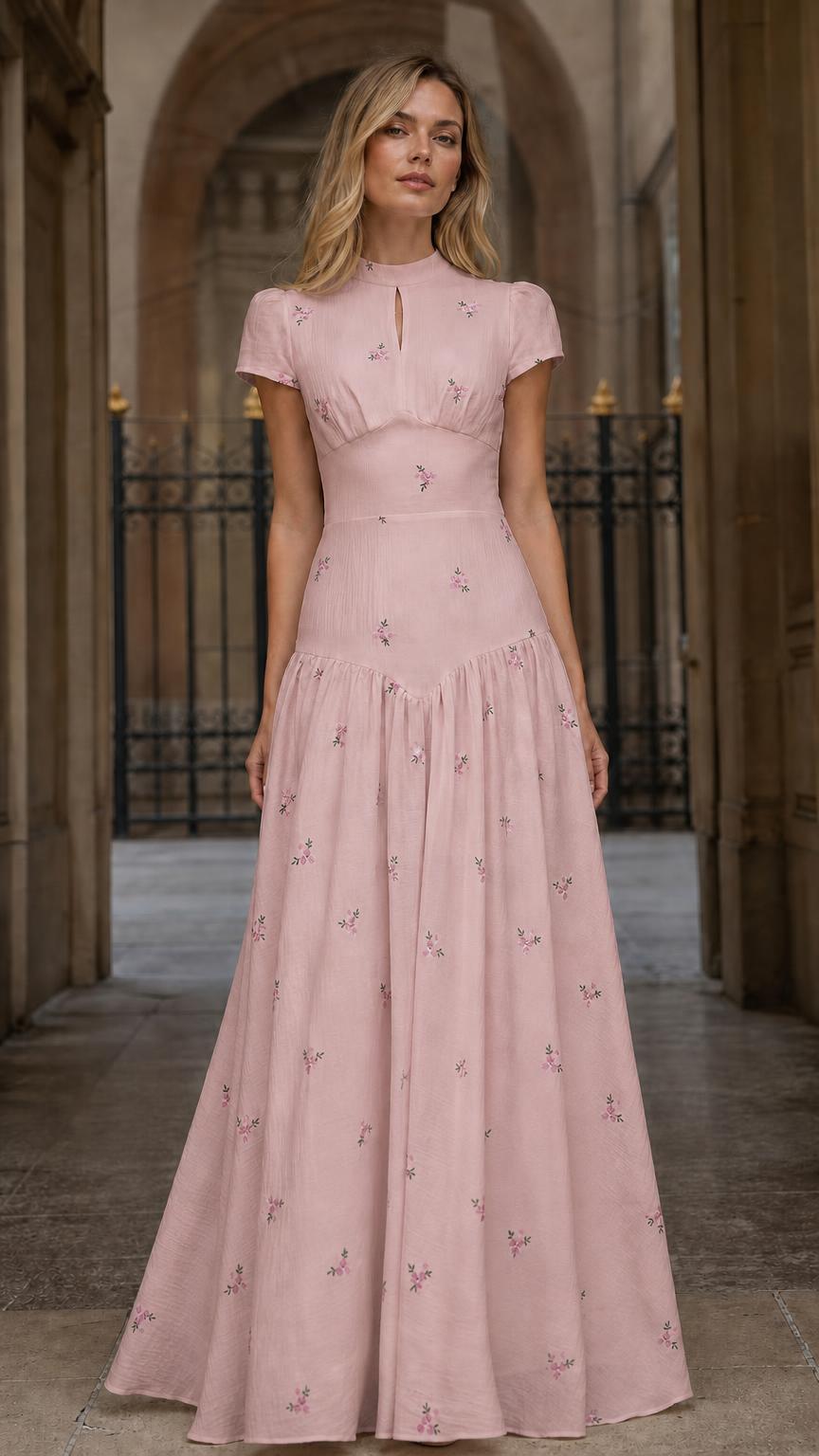 Front view of Pink floral embroidered maxi dress