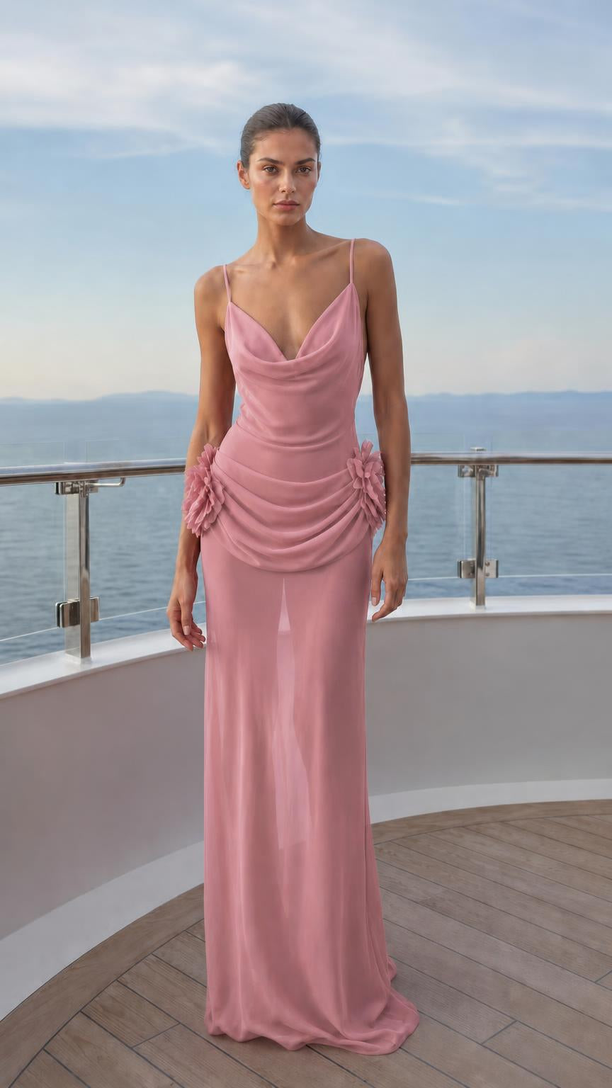Front view of pink evening gown