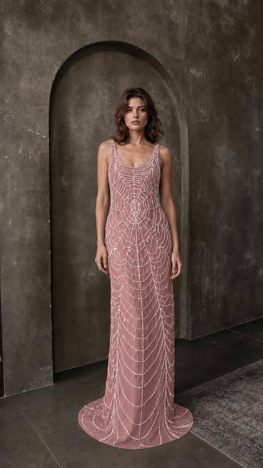 Front view of dusty rose beaded evening maxi dress