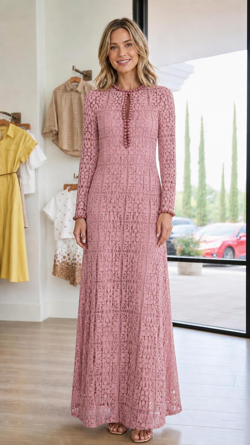 Front view of woman wearing dusty pink long-sleeve lace maxi dress