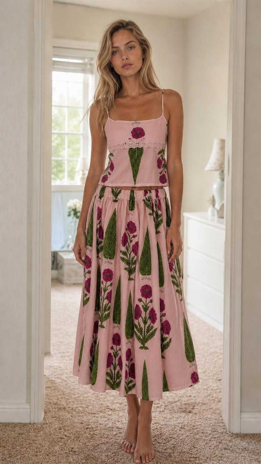 Woman wearing pink floral print cami top and midi skirt set