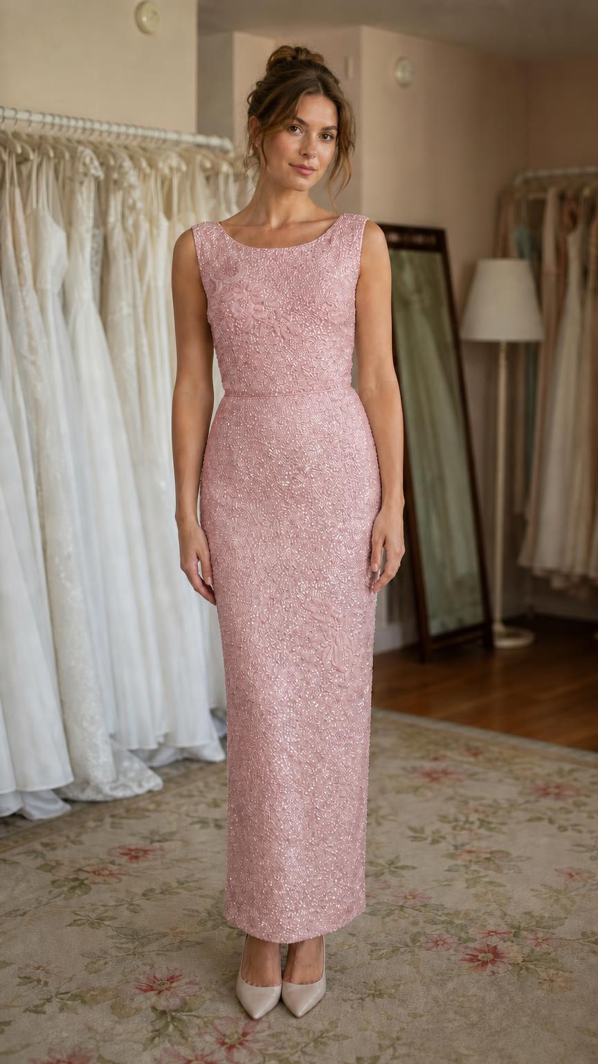 Front view of pink sequin evening column dress
