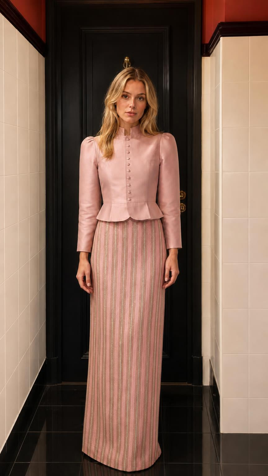 Model wearing pink peplum jacket and pink striped maxi skirt
